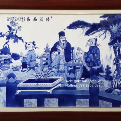 Tranh Thần Trà vẽ tay men chàm